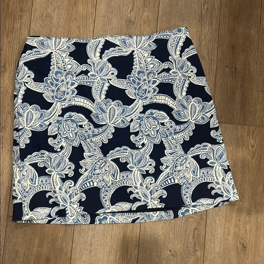 Talbots Navy A-Line Skirt with White Lace-Like Floral Pattern